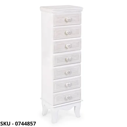 Cassettiera Charlene in legno, Bianco Opaco, con 7 cassetti e pomelli in poliresina - Stile Moderno Contemporaneo