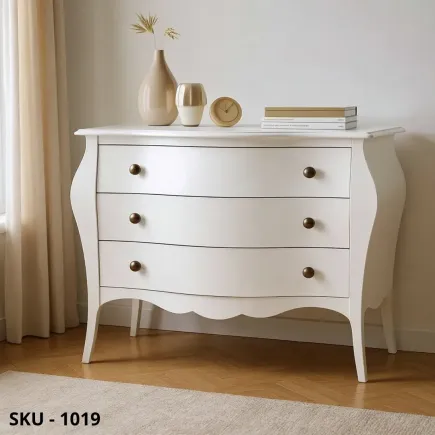 Comò Bombato in legno, Bianco Opaco, con 3 Cassetti - Arte Povera - Stile Classico - Made in Italy - 120x50x85 cm, 100x42x85 cm