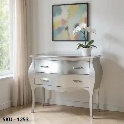 Comò Bombato in Legno, Oro e Argento, 2 cassetti - Arte Povera - Stile classico -Made in Italy - 100x42x85 cm