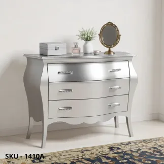 Comò bombato, oro, argento e bianco laccato, 3 cassetti - Arte povera - Stile classico - Made in Italy - 105x42x85 cm
