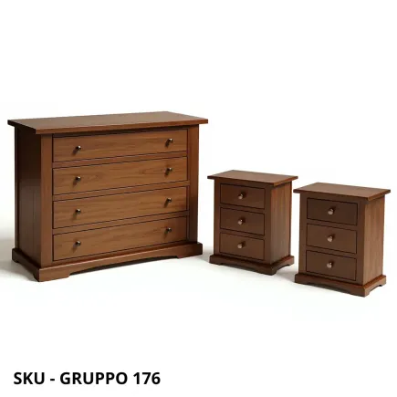 Gruppo 1 Comò e 2 Comodini, Noce Scuro, Bianco Opaco e Bianco Perla Decorato - Made in Italy - Arte povera
