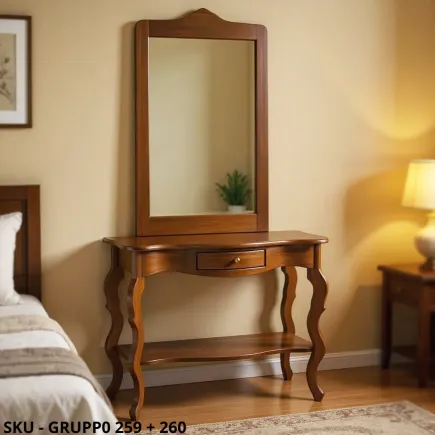 Gruppo Consolle con Specchiera, noce scuro, 1 cassetto - Arte povera - Stile classico - Made in Italy - 104x35x85 cm, 70x118 cm