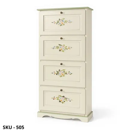 Scarpiera in legno, Bianco Perla Decorato, 4 ante - Arte povera - Stile Classico - Made in Italy - 79x30x170 cm