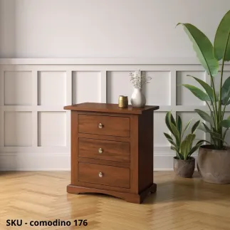 Comodino arte povera, in legno, Noce Scuro, Bianco Opaco e Bianco Perla Decorato, 3 cassetti