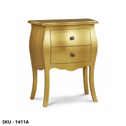 Comodino Bombato, Bianco Laccato, oro e Argento, 2 Cassetti - Arte Povera - Stile Classico - Made in Italy - 50x30x60 cm