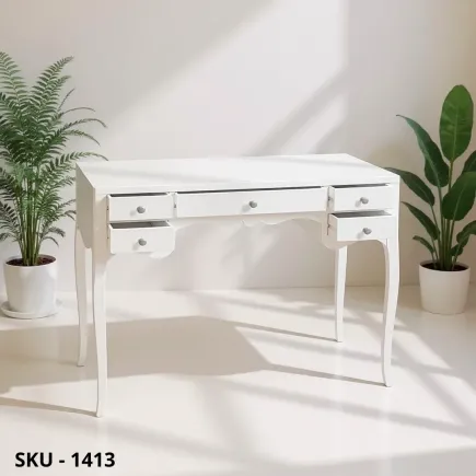 Scrivania Scrittoio in legno, bianco opaco, 5 cassetti - Arte povera - Stile classico - Made in Italy - 102x50x80 cm