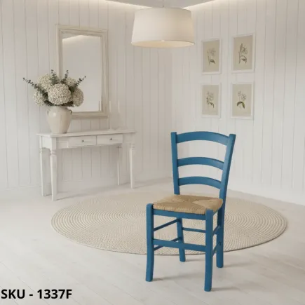 Set 2 Sedie in Legno, Finitura Anilina Blu, Seduta in Paglia - Arte Povera - Stile Classico - Made in Italy - 43x42x88 cm