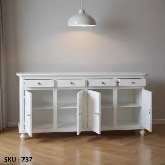 Credenza in Legno, Bianco opaco, Noce scuro e Grezzo, 4 Ante e 4 Cassetti - Arte Povera - Stile Classico - Made in Italy
