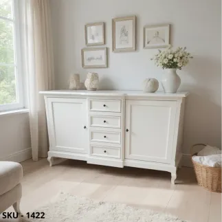 Credenza Madia in Legno, Bianco Opaco, 2 Ante e 4 Cassetti - Arte Povera - Stile Classico - Made in Italy - 201x52x113 cm