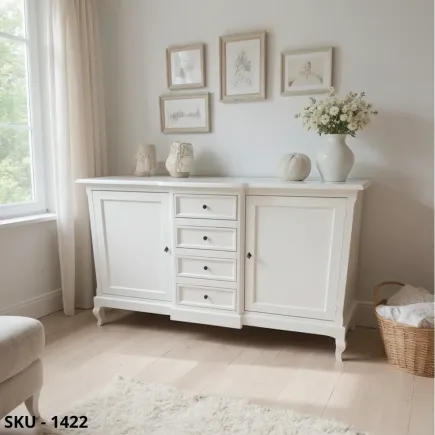 Credenza Madia in Legno, Bianco Opaco, 2 Ante e 4 Cassetti - Arte Povera - Stile Classico - Made in Italy - 201x52x113 cm