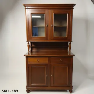 Vetrina cristalliera Arte povera, Bianco Opaco, Noce Scuro e Bianco Perla Decorato, 2 Vetrate, 2 Cassetti e 2 Sportelli