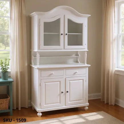 Vetrina cristalliera in Legno, Bianco Opaco e Noce Scuro, 2 Ante e 2 Cassetti - Arte Povera - Stile Classico - Made in Italy