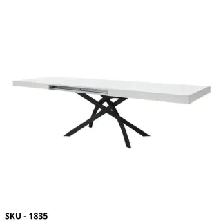 Tavolo allungabile in metallo con piano in legno bianco frassinato, 2 allunghe centrali – Stile Moderno
