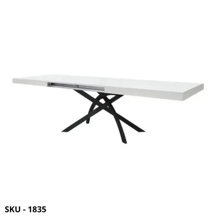 Tavolo allungabile in metallo con piano in legno bianco frassinato, 2 allunghe centrali – Stile Moderno