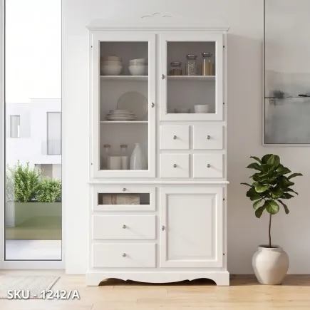 Dispensa in legno, noce scuro o bianco opaco, 3 ante e 7 cassetti – Arte Povera – Stile Classico - Made in Italy - 120x52x220 cm