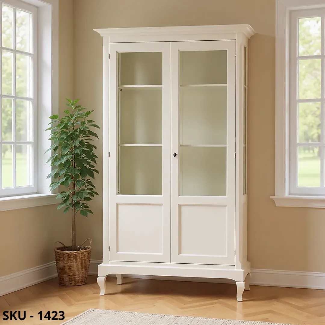 Vetrina in Legno, Bianco Opaco, con 2 Ante e 5 Ripiani - Made in Italy
