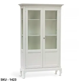 Vetrina cristalliera in Legno, Bianco Opaco, con 2 Ante e 5 Ripiani - Arte Povera - Stile Classico - Made in Italy