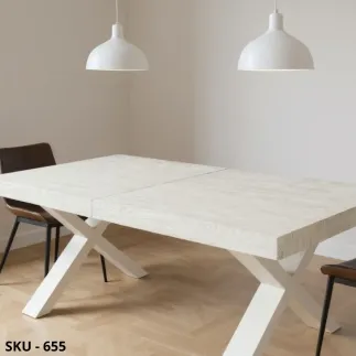 Tavolo da pranzo allungabile, rovere invecchiato, rovere naturale, bianco consumato, con base a crociera e 2 allunghe da 50 cm