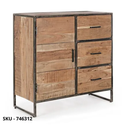 Cassettiera Elmer in Legno d’Acacia e in Acciaio Verniciato, 3 Cassetti e 1 Anta – Stile Moderno – Made in Italy