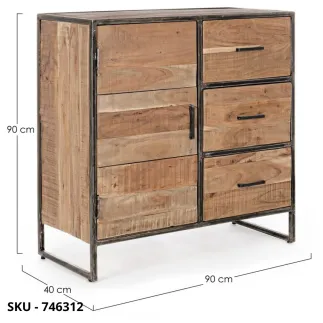 Cassettiera Elmer in Legno d’Acacia e in Acciaio Verniciato, 3 Cassetti e 1 Anta – Stile Moderno – Made in Italy