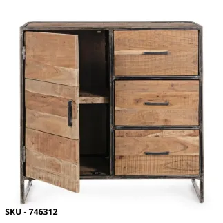 Cassettiera Elmer in Legno d’Acacia e in Acciaio Verniciato, 3 Cassetti e 1 Anta – Stile Moderno – Made in Italy