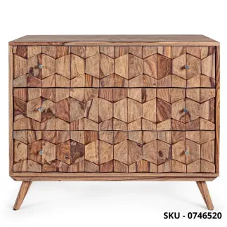 Cassettiera Kant in Legno di Sheesham con Pomelli in Acciaio, Finitura Naturale con 3 Cassetti - Stile Moderno – Made in Italy