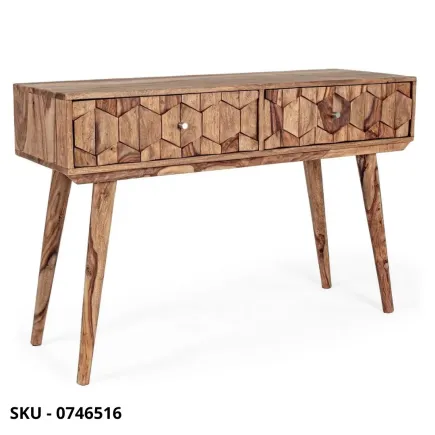 Consolle Kant in Legno Sheesham con Finitura Naturale e Pomelli in Acciaio con 2 Cassetti – Stile Moderno – Made in Italy