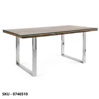 Tavolo Fisso in Legno Riciclato e Vetro Temperato, Gambe in Acciaio Inossidabile – Stile Moderno – Contemporaneo – Made in Italy
