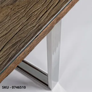 Tavolo Fisso in Legno Riciclato e Vetro Temperato, Gambe in Acciaio Inossidabile – Stile Moderno – Contemporaneo – Made in Italy