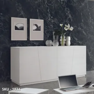 Madia in Laminato, Finiture grigio Cemento, bianco Frassinato o Acciaio Ossidato, 4 Ante Ammortizzate – Stile Moderno