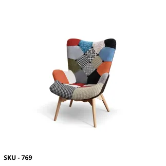 Poltrona Patchwork in Tessuto Multicolore, con Gambe in Legno – Stile Moderno - Contemporaneo – 70×78×96h cm