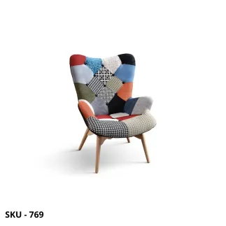 Poltrona Patchwork in Tessuto Multicolore, con Gambe in Legno – Stile Moderno - Contemporaneo – 70×78×96h cm