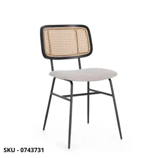 Set di 2 Sedie Glenna in Acciaio Nero con Schienale in Fibra Sintetica Effetti Rattan e Seduta in Tessuto – Stile Moderno