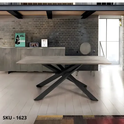 Tavolo Fisso, piano in Massello Rovere Nodato, Base in Metallo, finitura Beton –  Stile Moderno - Contemporaneo – Made in Italy