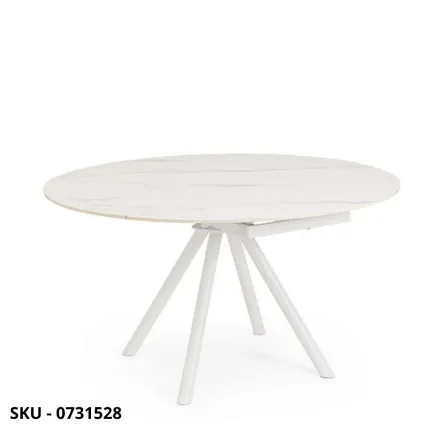 Tavolo Allungabile Rotondo Rauni con Piano in Gres Effetto Marmo e Base in Acciaio – Stile Moderno