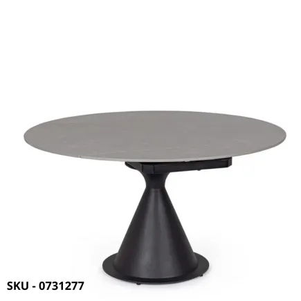Tavolo Rotondo Allungabile Jonni, Piano in Gres Porcellanato Effetto Marmo e Base in Acciaio Verniciato - Bianco o Nero
