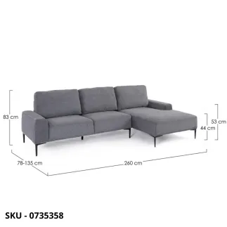 Divano Washington a 3 Posti con Penisola, Struttura in Legno e Gambe in Metallo, grigio chiaro e grigio scuro – Stile Moderno