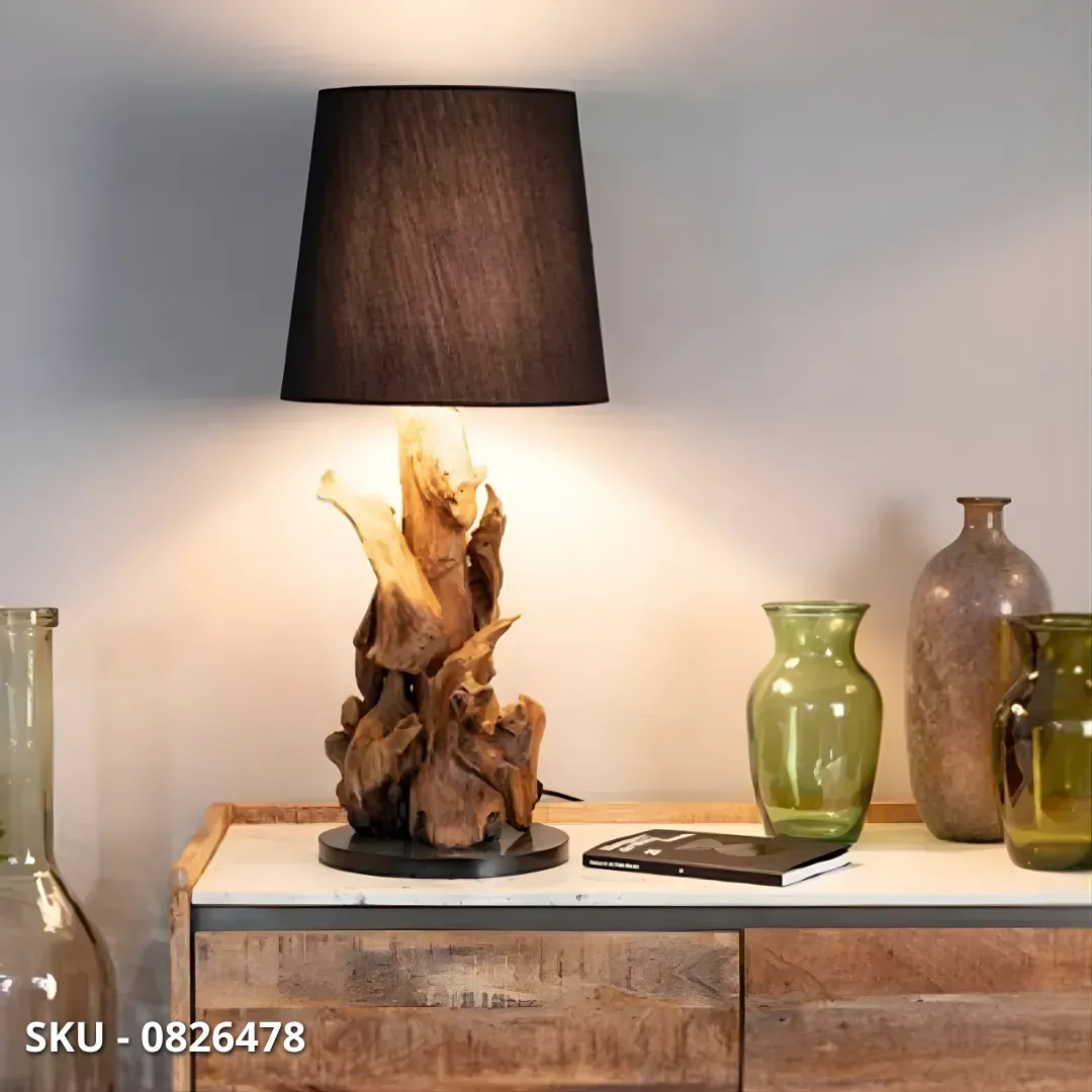 marca-design-shop-stile-moderno-stile-contemporaneo-Lampada Bluma in Legno di Teak da Tavolo e Piantana con Paralume Nero
