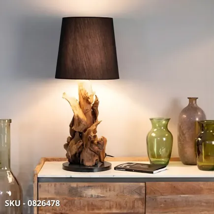 Lampada Bluma in Legno di Teak da Tavolo e Piantana con Paralume Nero – Stile Moderno - Contemporaneo – Made in Italy
