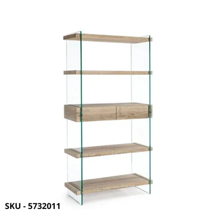 Libreria Kenya In Vetro con 4 Piani e 2 Cassetti In MDF- Stile Moderno – Contemporaneo – Made in Italy - 90x35x180 cm