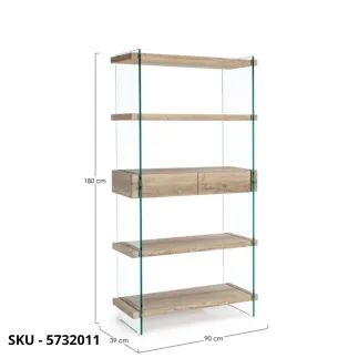 Libreria Kenya In Vetro con 4 Piani e 2 Cassetti In MDF- Stile Moderno – Contemporaneo – Made in Italy - 90x35x180 cm