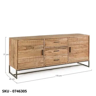 Credenza Elmer in Legno d'Acacia con Piedini in Acciaio - 2 Ante e 3 Cassetti - Stile Moderno – Contemporaneo – Made in Italy