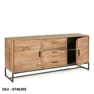 Credenza Elmer in Legno d'Acacia con Piedini in Acciaio - 2 Ante e 3 Cassetti - Stile Moderno – Contemporaneo – Made in Italy