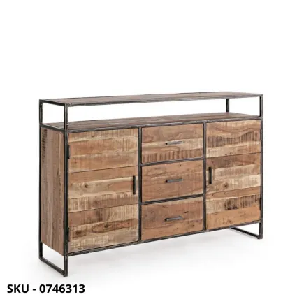 Credenza Elmer in Legno d'Acacia con Struttura in Acciaio Verniciato, con 2 Ante e 3 Cassetti