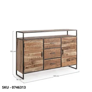 Credenza Elmer in Legno d'Acacia con Struttura in Acciaio Verniciato, con 2 Ante e 3 Cassetti