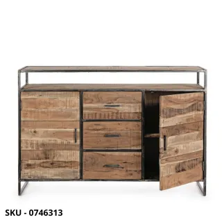 Credenza Elmer in Legno d'Acacia con Struttura in Acciaio Verniciato, con 2 Ante e 3 Cassetti