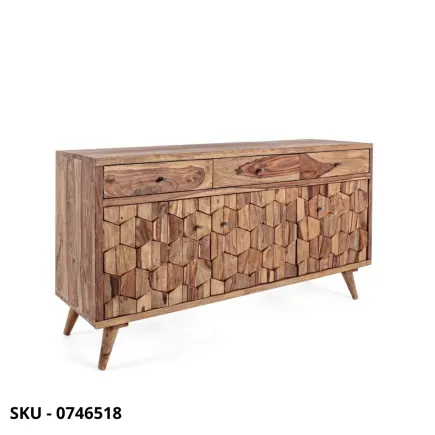 Credenza Kant in Legno Sheesham, Finitura Naturale, Pomelli in Acciaio con Ante e Cassetti