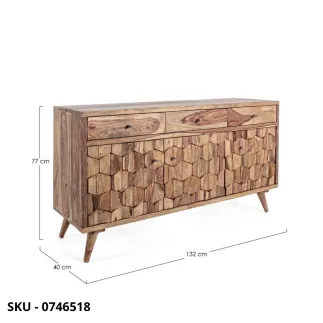 Credenza Kant in Legno Sheesham, Finitura Naturale, Pomelli in Acciaio con Ante e Cassetti