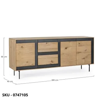 Cassettiera Stanwood in Legno di Pino con Inserti in Rattan Naturale e Finitura Nero Opaco