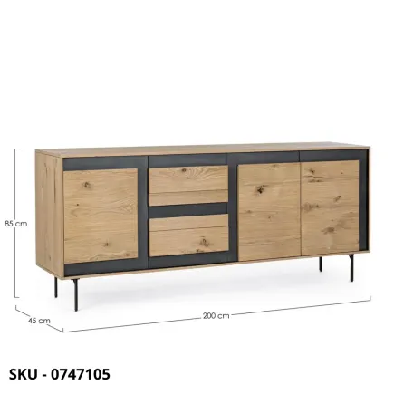 Cassettiera Stanwood in Legno di Pino con Inserti in Rattan Naturale e Finitura Nero Opaco